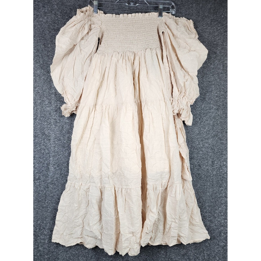 R.Vivimos Dress Women M Beige Swiss Dot Smocked Puff Sleeve Boho Midi #340